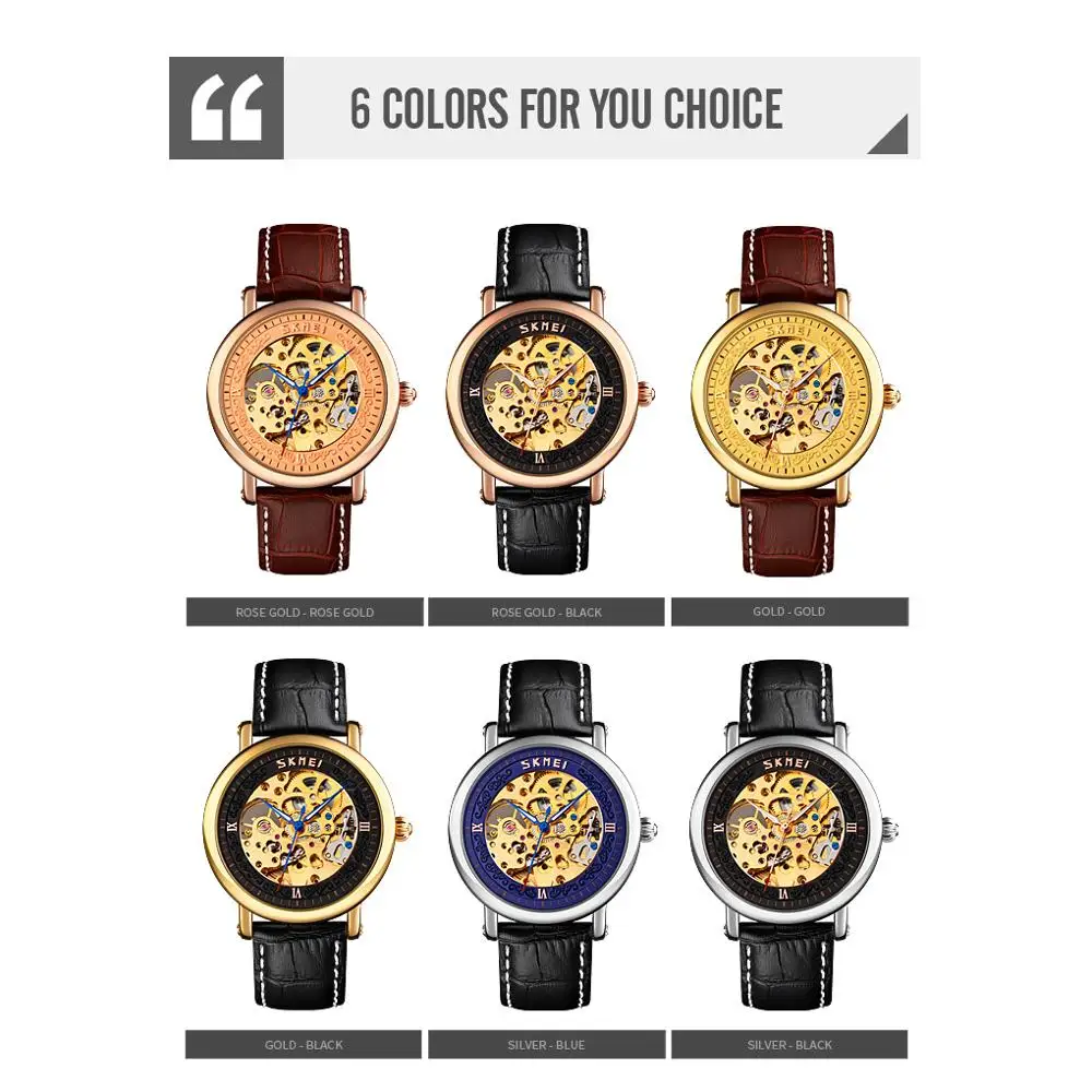 

SKMEI Gold Hollow Men's Automatic Mechanical Watch Hard Hardness Glass Leather Bracelet Waterproof Men Wrist Watch relojes 9229