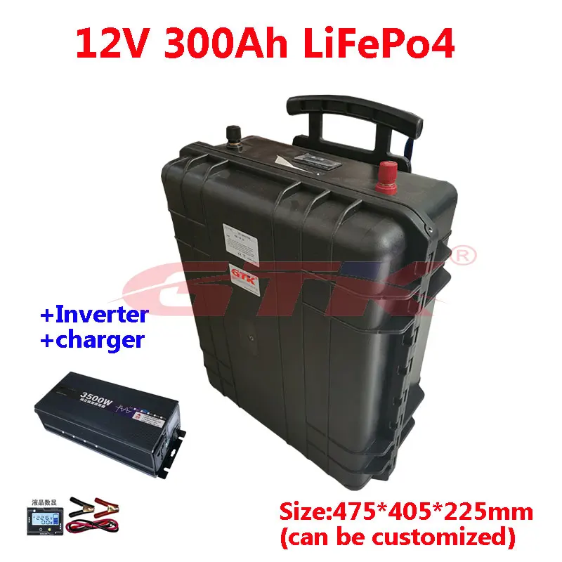 GTK Lifepo4 12V литиевая батарея 300Ah Встроенный BMS с чистым синусоидальным инвертором