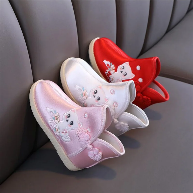 Children Hanfu Boots Old Beijing Cloth Shoes Chinese Tradiitional Embroidery Vintage Cotton Short Baby Soft Botas |