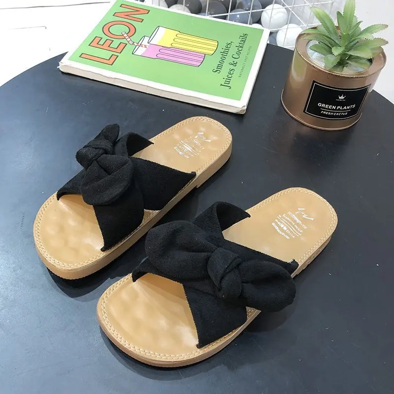 

Low Butterfly-Knot Slippers Women Summer Luxury Slides Female Shoes Loafers Designer 2021 PU Fashion Hoof Heels Basic Rubber But