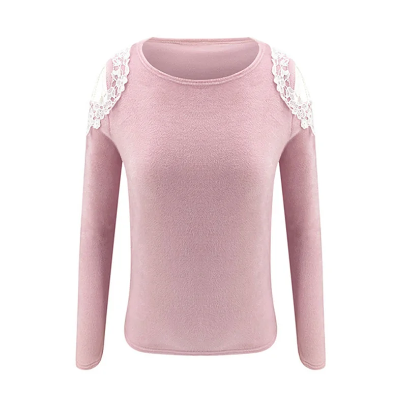 Plush Beading Lace Patchwork Hollow Out Long Sleeve Women Autumn Knitted Pullovers Femme Solid Elegant Sweater Tops SJ4894U | Женская