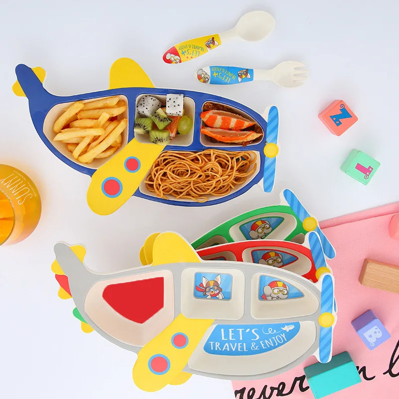 

Cartoon airplane baby cutlery set 3 piece set separate dinner plate bamboo fiber material natural environmental protection