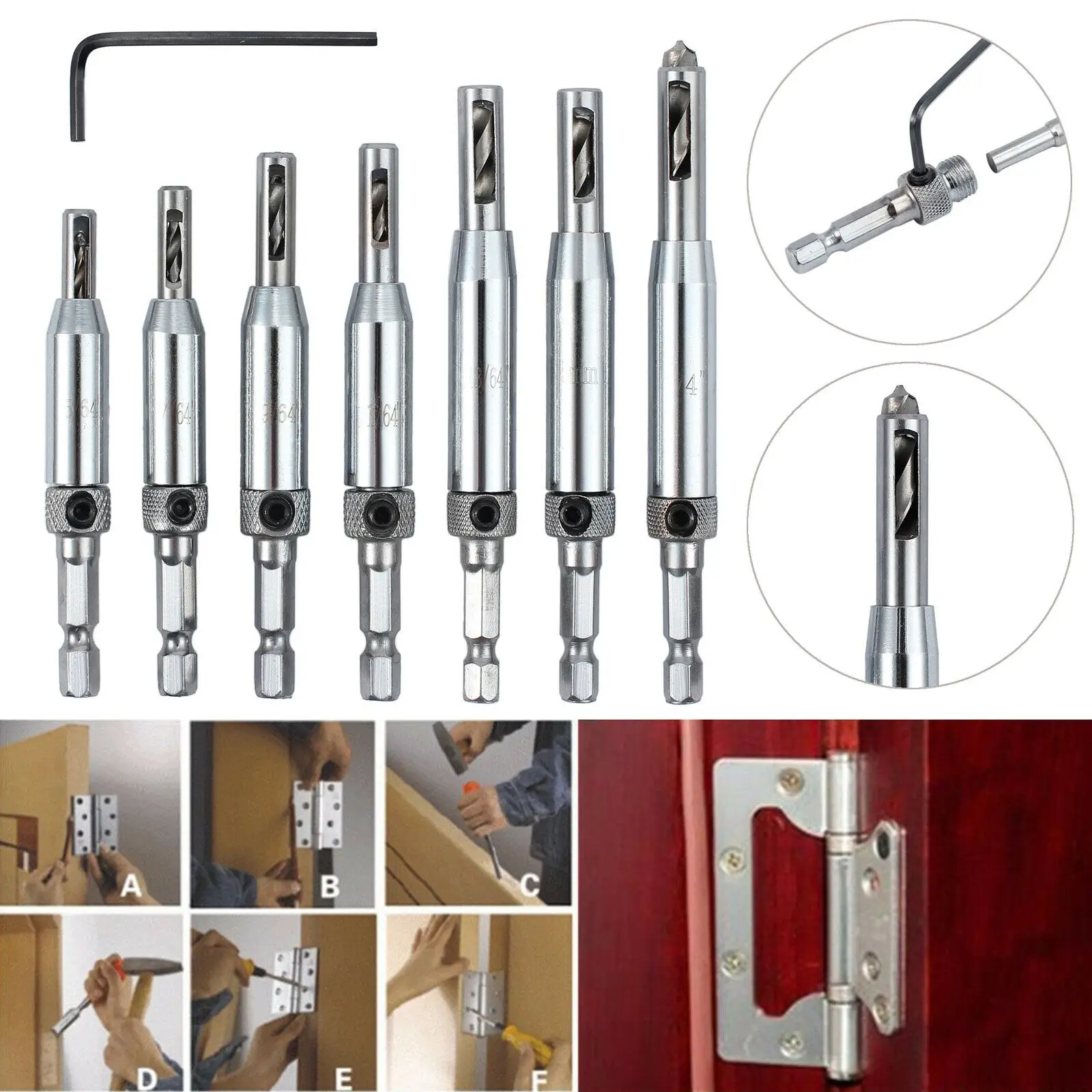 7Pcs HSS Drill Bit Set Self Centering Hinge Hardware Pilot Hole Guides Door Drawer Kit Car RV Camping Van Repair Accessories |