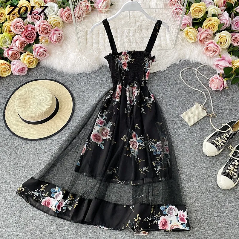 

ZQLZ Summer Dress Women 2021 Elegant Robes Sexy Chiffon Sundresses Sleeveless Casual Vintage Print Streetwear Dresses Female