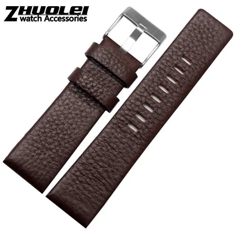 A-brown silver Ремешок из коровьей кожи для дизельного ремешка подходит DZ7312 | DZ4323 | DZ7257 с пряжкой из нержавеющей стали 24 26 27 28 30 мм полосы - Цвет ремешка: A-brown silver