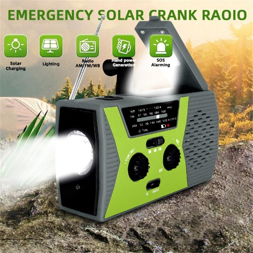 Murah Portabel Sorot Outdoor LED Rumah Tangga Emergency Radio Kelangsungan Hidup Lampu Solar Tangan Engkol Self Powered Lampu Baca