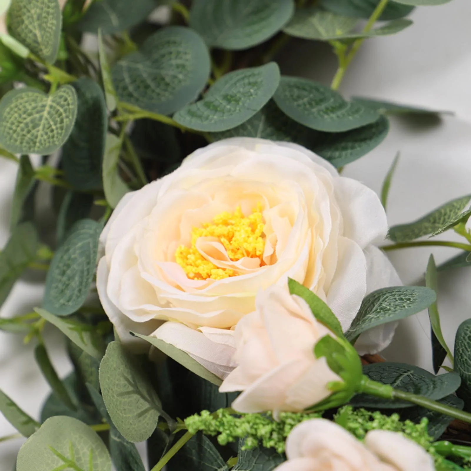 

Spring Artificial Flower Wreath Camellia Artificial Eucalyptus Holiday Decoration Handmade Farmhouse Wreath