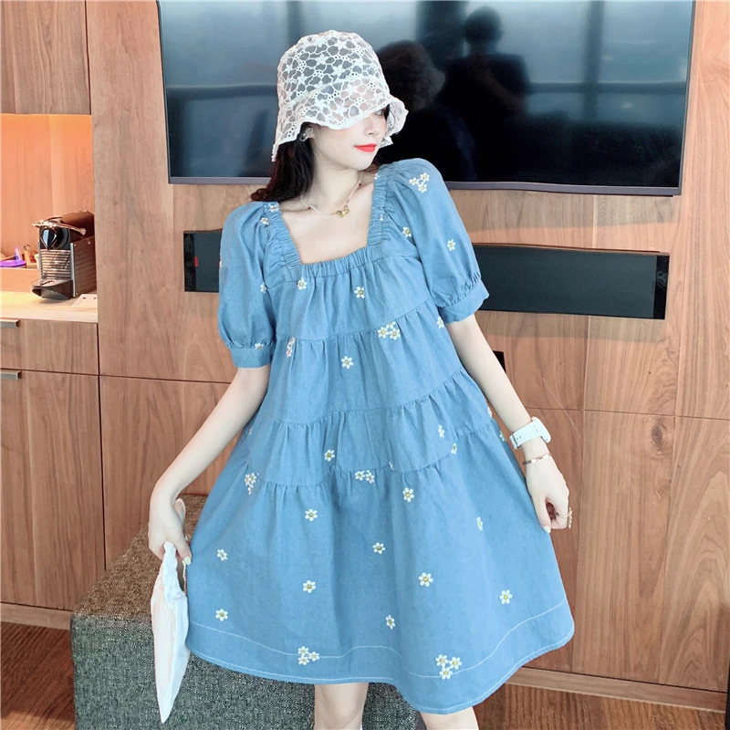 

Summer Flower Blue Oversized Dresses Women Square-Cut Elastic Collar Short Sleeve Loose Fitting Mini Length One Piece Robe Lady