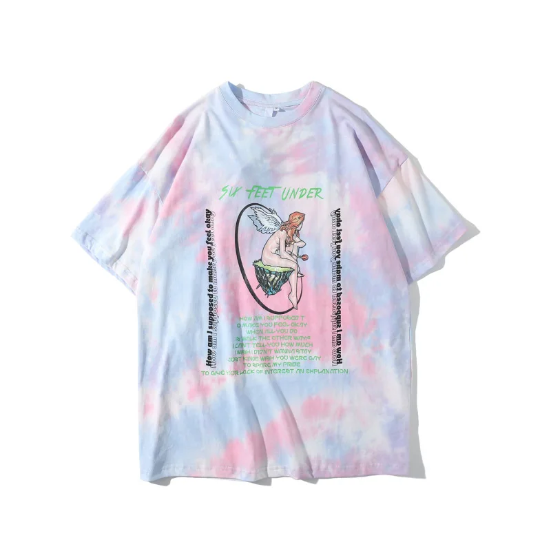 

2021 New Summer Women T Shirts Tie Dye Cartoon Figure Print Letters Cool Girls Streetwear O Neck Cotton Oversized Couple Tees
