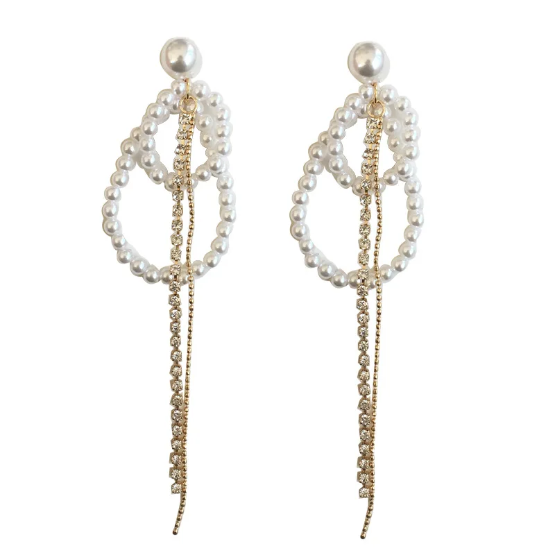 

CH-770 S925 silver Korean trendy pearl long tassel earrings fashion gemstone diamond chain earrings women