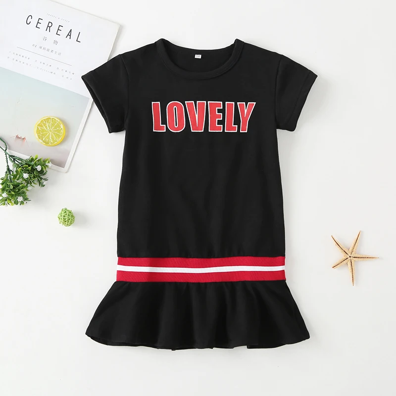

Baby Girl Summer Fashion Lovely Black Red Casual Sport Short Sleeve Striped Dress