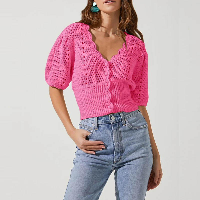 

Summer Women V Neck Puff Sleeve Tops Casual Hollow Out Single Breasted Knitted Tops Solid Color OL Office Tops 2021