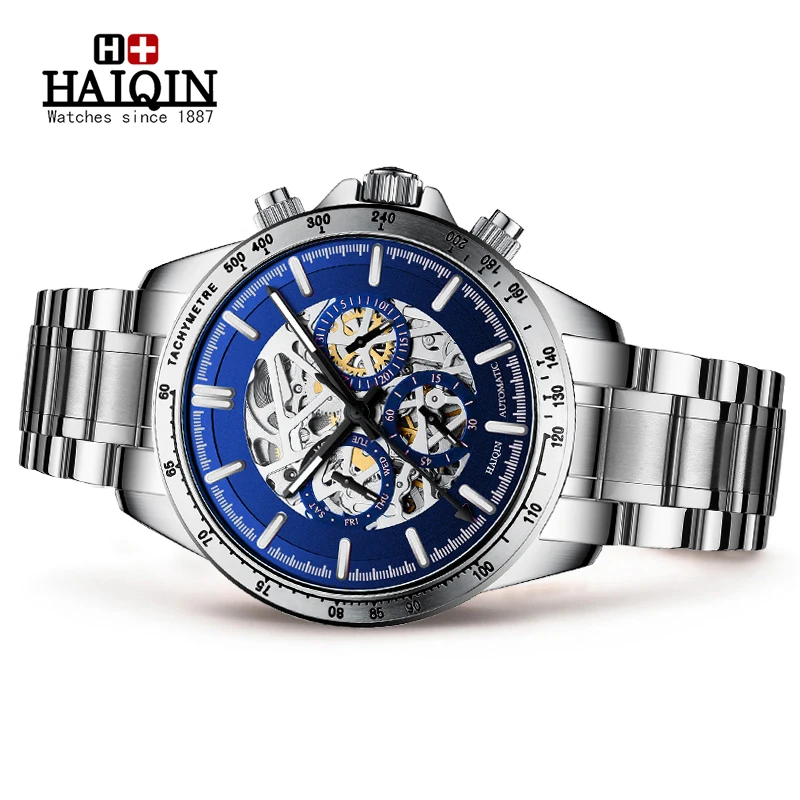 Часы скелетоны HAIQIN Мужские механические брендовые Роскошные водонепроницаемые