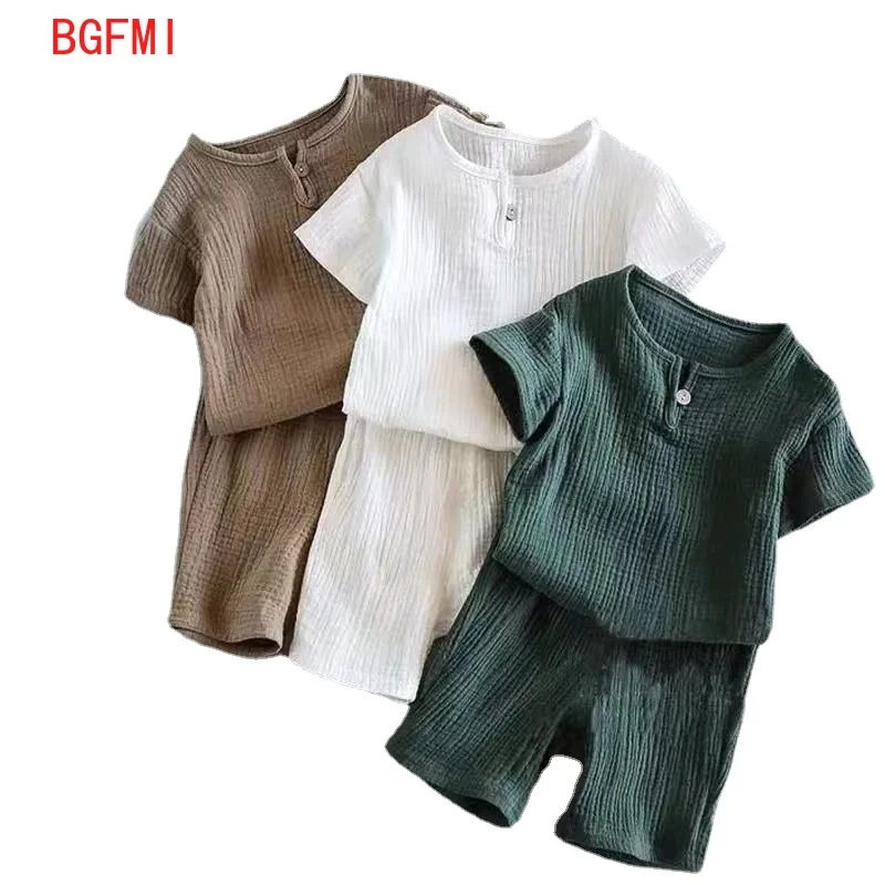 

100% Cotton Baby Girl Summer New Cotton and Linen Suit Boys and Girls Short Sleeve + Shorts Two-Piece Set Kids Clothes for Boys