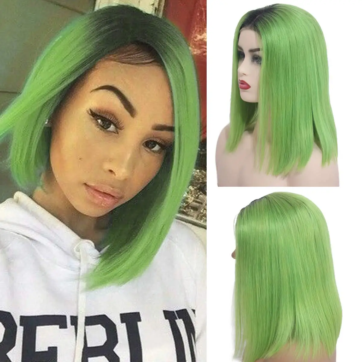 

Straight Ombre Green Lace Front Bob Wigs #1B Lime Green Dark Roots Pre Plucked Glueless 13x4 Free Part Front Human Hair Bob Wig