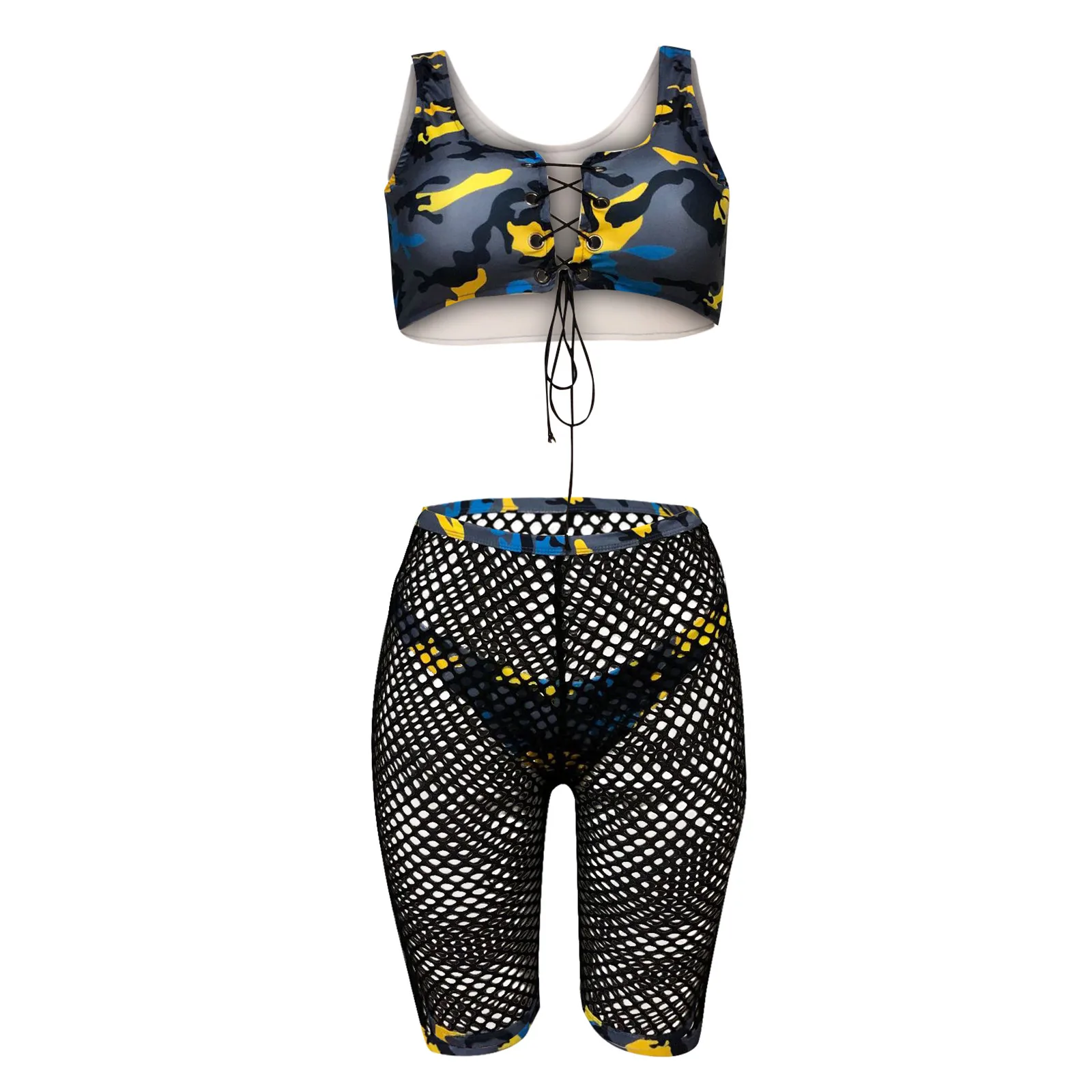 

Women's Fashion Casual Sexy Cut Out Bandage Print Bikini Mesh Pants 3 IN 1 Summer Sexy Hollow Tie Print Mesh Beachwear#G