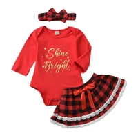 toddler baby girls christmas clothes set long sleeve t shirt letter romper xmas plaid skirts headband xmas outfit costume