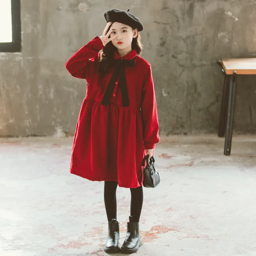 

2020 Winter Teen Girls Velvet Thicken Christmas Dress Sweet Children Bow Clothing Fashion Kids Party Dresses, #1167