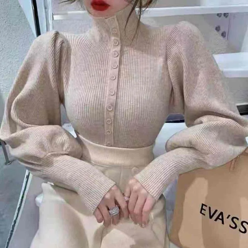 

Winter Knitting Sweater Pullovers Women Lantern Sleeve Tops Turtleneck Knitted Sweater Chic Woman Clothes Casual Streetwear Y953