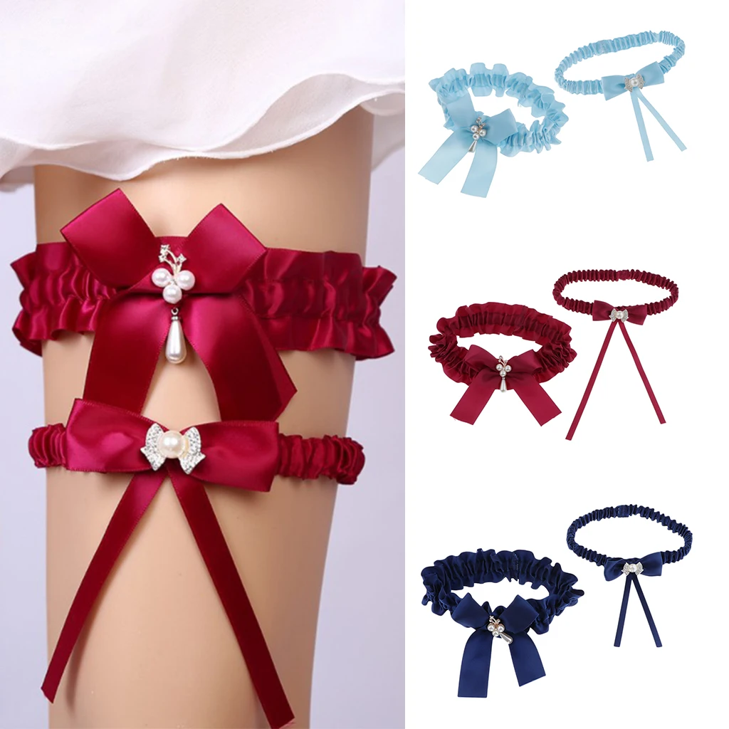 

2x Ladies Bow Leg Garter Stretch Crystal Pearls Satin Thigh Ring Leg Harness