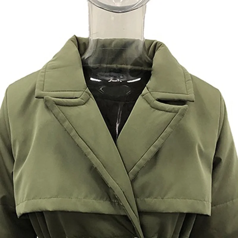 

Hot Sale Long Turn Down Collar Ladies Parkas Women Fashion Double Breasted Coats Women Elegant Tie Belt Cotton Jackets Female