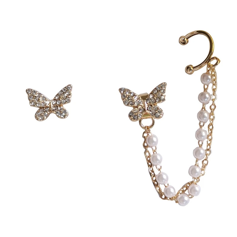 

Bohemia Asymmetric Butterfly Pearl Chain Tassel Ear Stud Earrings for Women New Fashion Party Jewelry Accessories