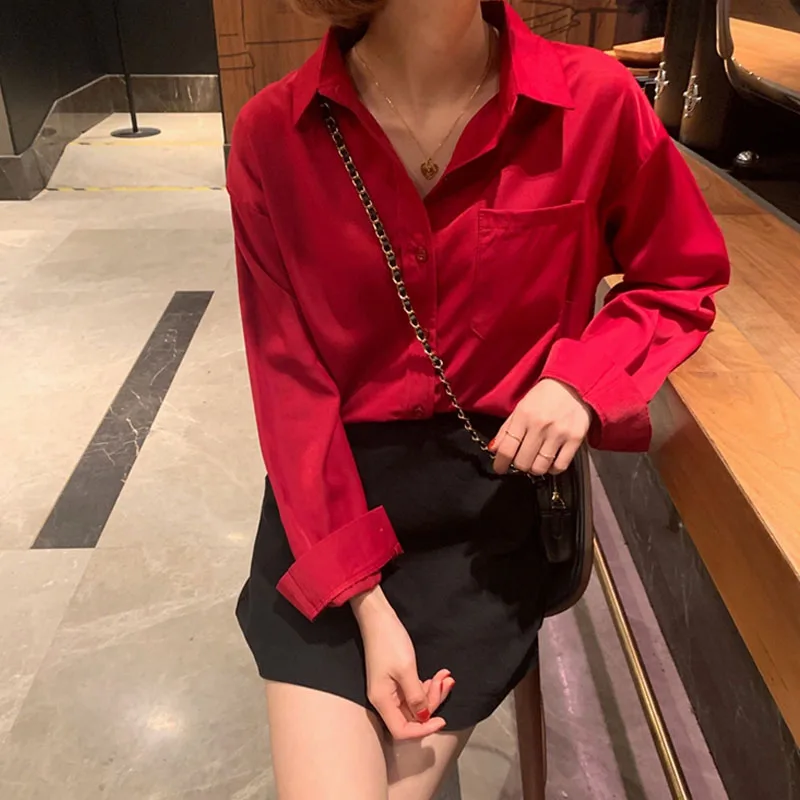 

Модная Простая рубашка с длинным рукавом, женская белая красная блузка, уличная одежда на осень и зиму, топ, рубашка с карманами, Женская офи...