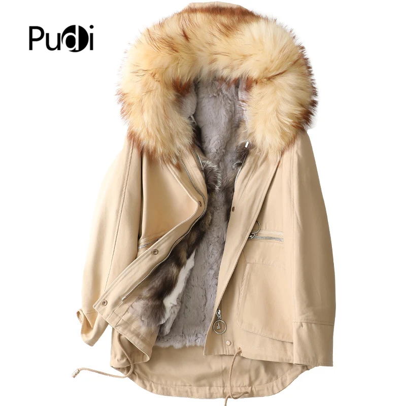 

Женская парка Pudi из натурального кроличьего меха, Тренч, зимнее женское теплое пальто с воротником из меха енота и капюшоном, куртка, пальто ...