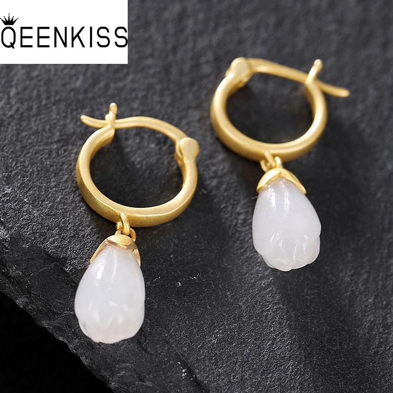 

QEENKISS EG596 Fine Jewelry Wholesale Fashion Woman Girl Bride Birthday Wedding Gift Vintage Orchid Jade 24KT Gold Drop Earrings