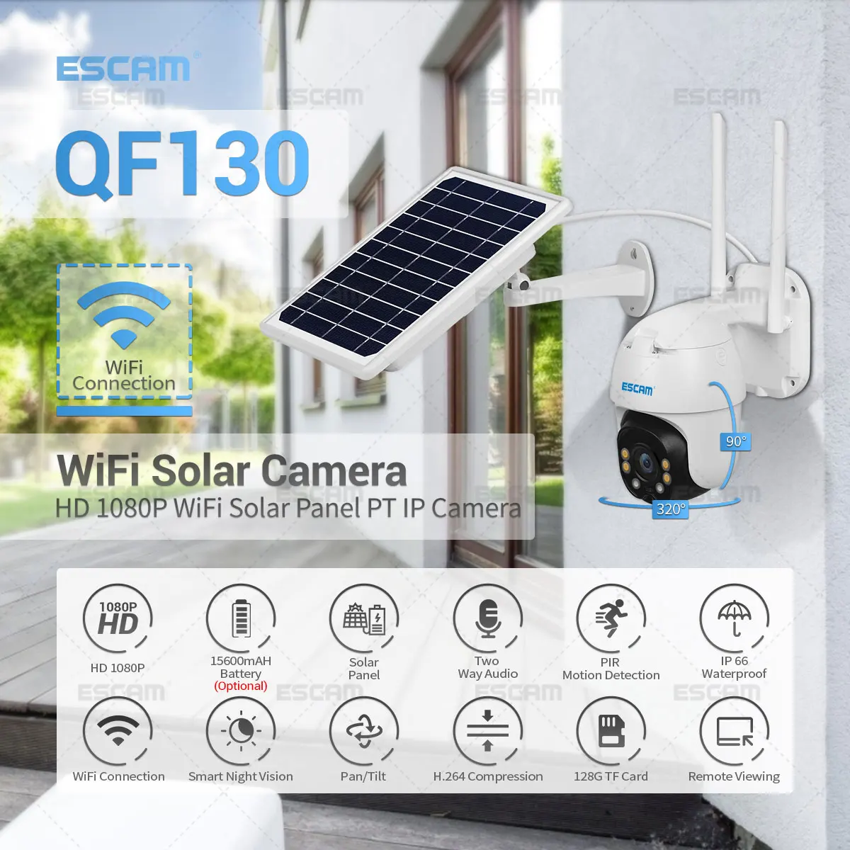 

ESCAM QF130 1080P PIR Alarm Wifi IP Camera with Solar Panel Full Color Night Vision Two Way Audio IP66 Outdoor Solar Camera