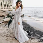 Платье женское кружевное в стиле хиппи, богемное пляжное свадебное, с V-образным вырезом и длинным рукавом, недорого, в стиле бохо
