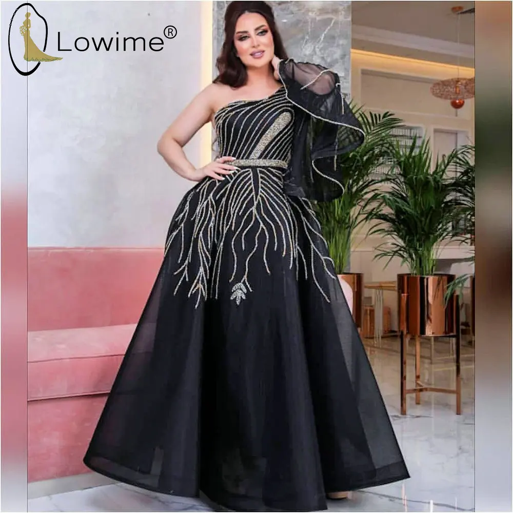 

Арабское черное вечернее платье на одно плечо, трапециевидное платье с длинным рукавом, ближний восток, женское платье от кутюр, вечернее пл...