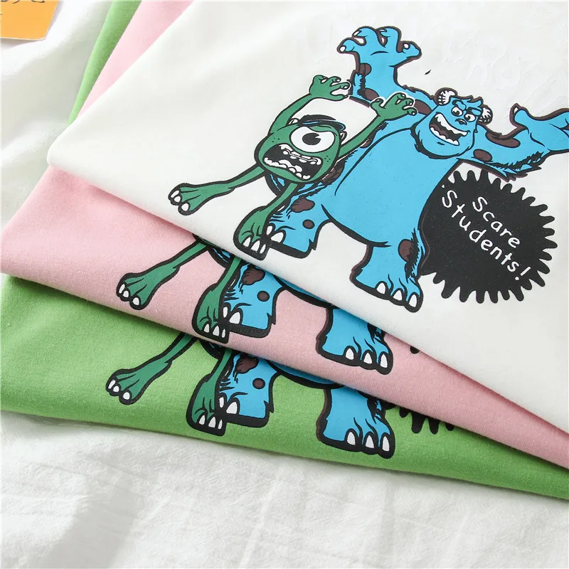 

Korean Summer cute Basic Cotton T Shirt Loose half Sleeve cartoon print T-shirts casual stripe patchwork Student Tees white tops