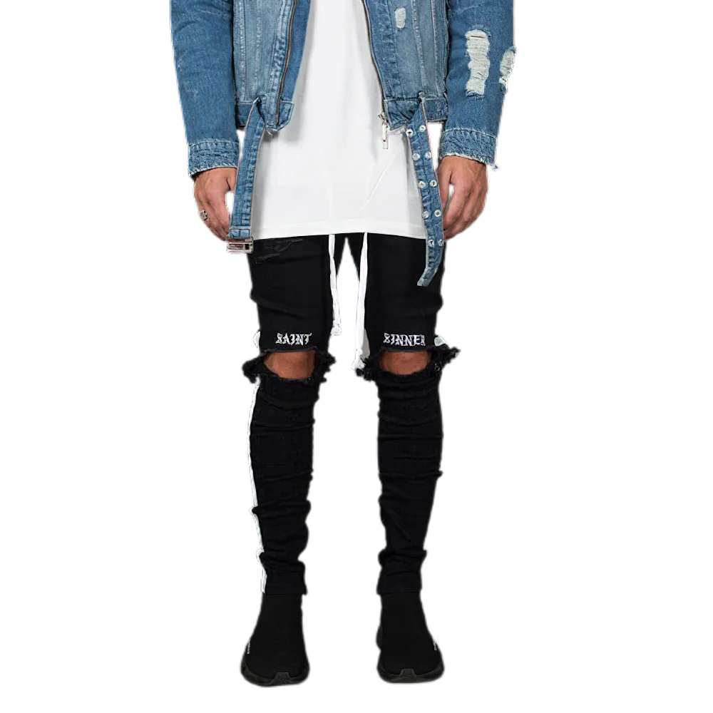 

Men's Ripped Jeans Foot Zipper Jeans Side White Stripes Stitching