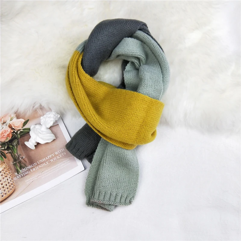 

130cm*18cm Female Scarves Double-sided Soft Thicken Long Scarf Winter Warm Shawls Wraps Three-colors Splicing Knitted Scarf