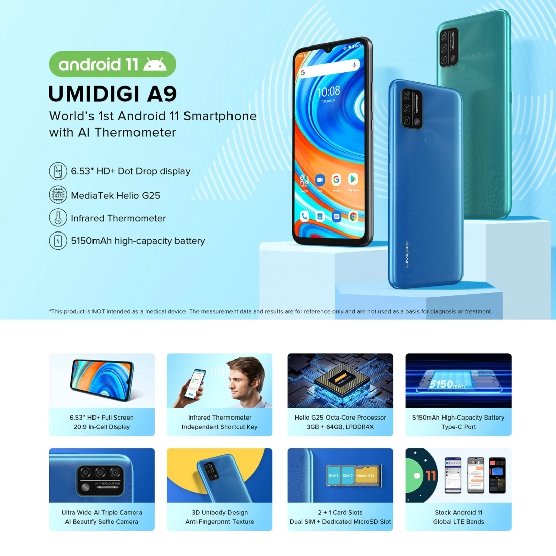 umidigi a9 android 11 global version smartphone 13mp ai triple camera 3gb 64gb helio g25 octa core 6 53 hd 5150mah cellphone free global shipping