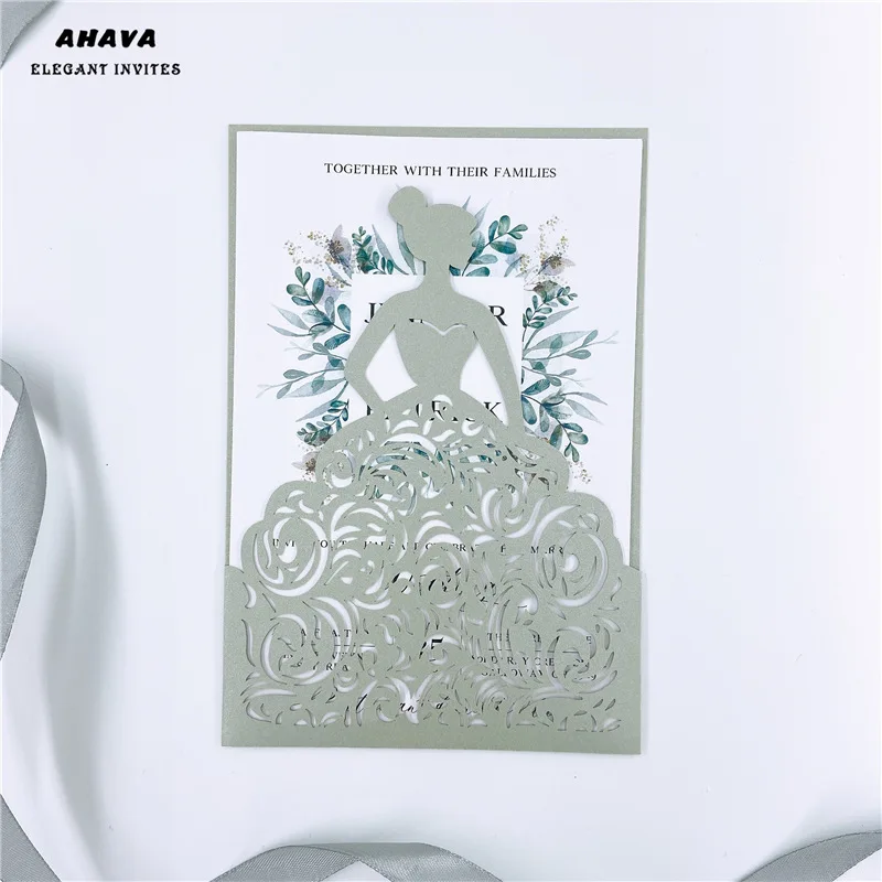 AHAVA 50 × серые свадебные пригласительные открытки с лазерной резкой для девочек на