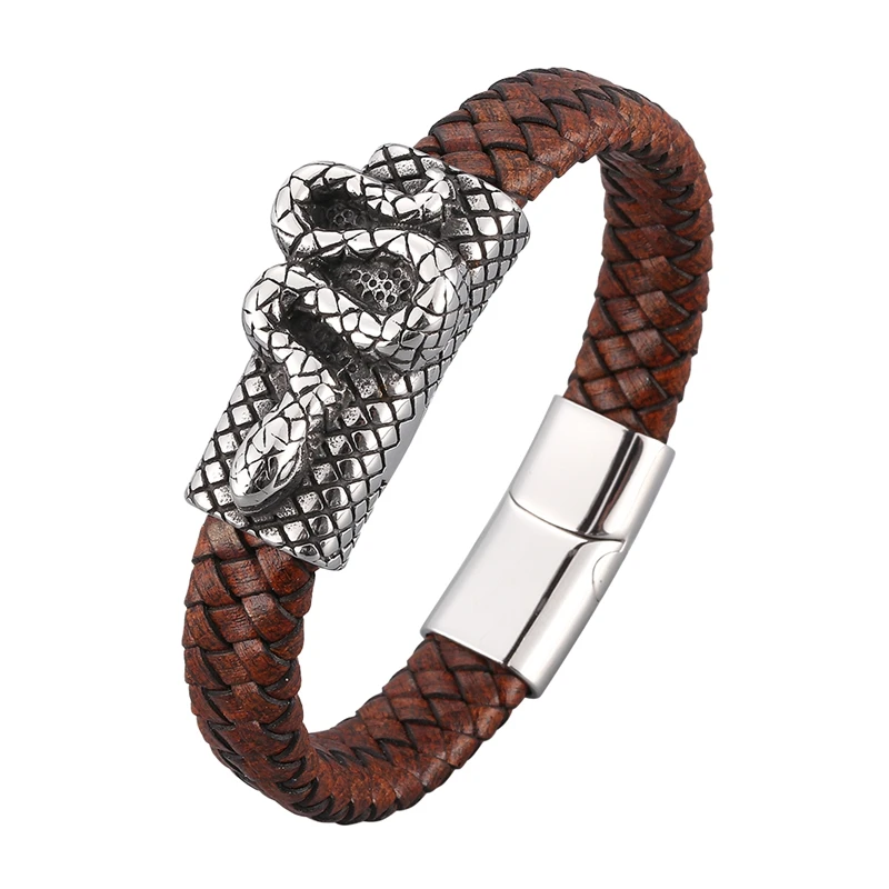 

New Trendy Men Leather Braided Bracelet Snake Design Stainless Steel Magnetic Buckle Fashion Jewelry Punk Male Wristband PD1030