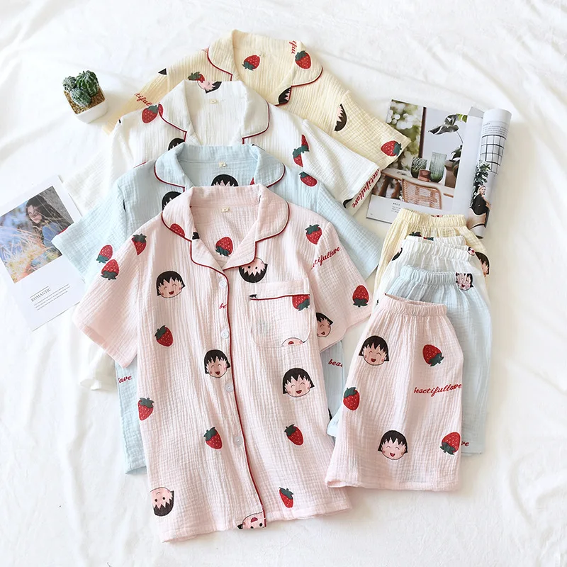 

Women's Home Clothes Casual Loose Pajama Sets 100%Cotton Short Sleeve Summer Sleepwear Kawaii Cartoon Homewear Two Piece Pajamas