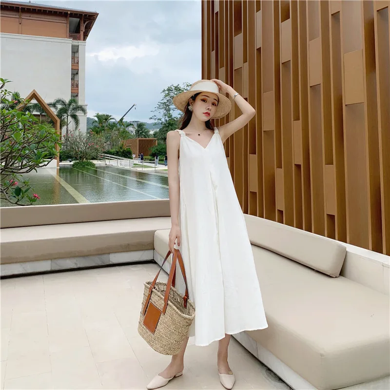

Summer Beach Holiday White Dress 2021 Women Solid Colors V Neck Slip Dress Cottagecore Simple High Waist Spaghetti Strap Dresses