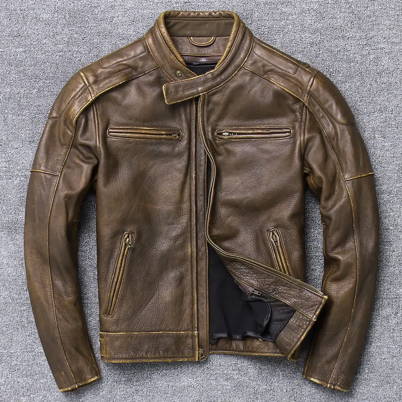 Vintage yellow Заводская Новинка, винтажная коричневая Мужская Байкерская кожаная куртка из натуральной толстой воловьей кожи, приталенная мотоциклетная куртка, российские зимние пальто - Цвет: Vintage yellow