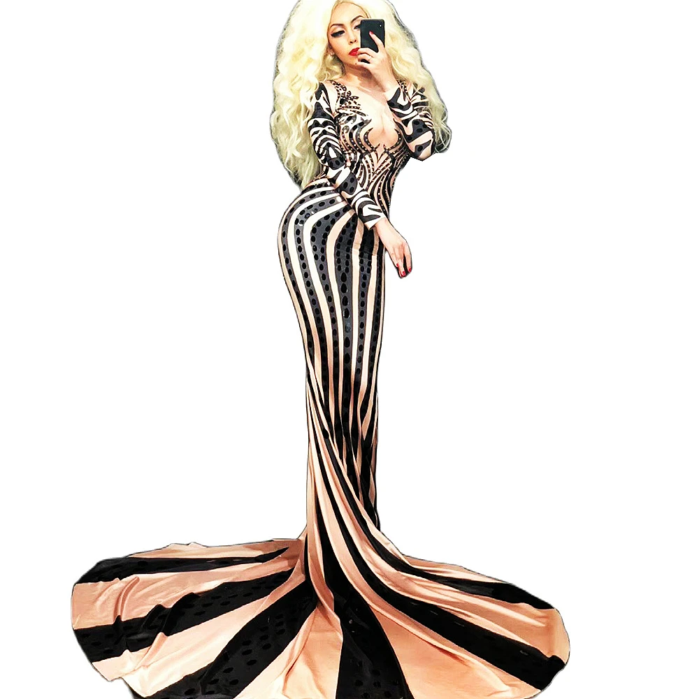 

Striped Printing Fishtail Dress Rhinestones Long Trailing Dresses Party Dress For Women Dance Wear Theatrical Costume Club Wear