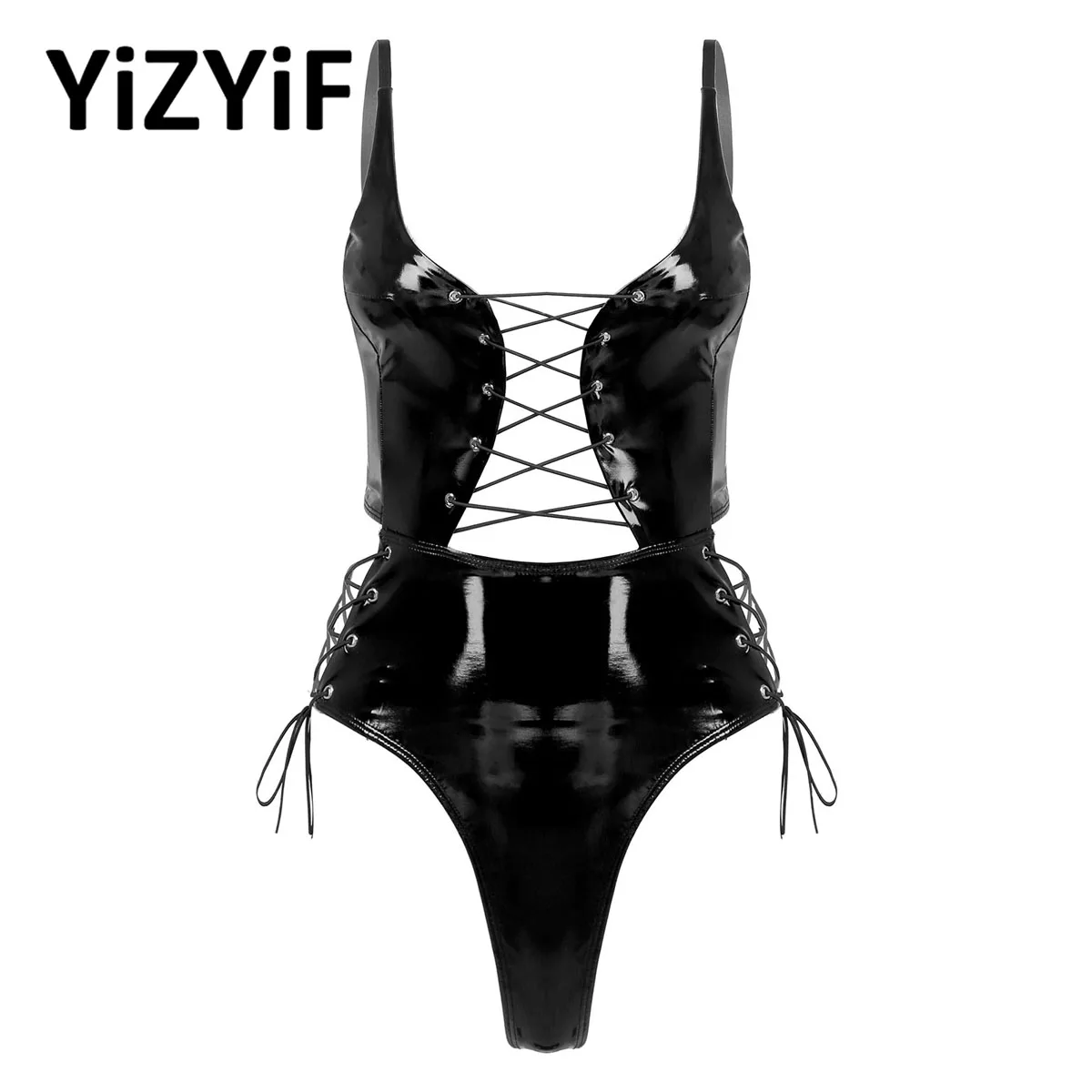

Womens Sexy Leather Bodysuit Lingerie Exotic String Lace-up Catsuit Teddies Raves Party Clubwear Black
