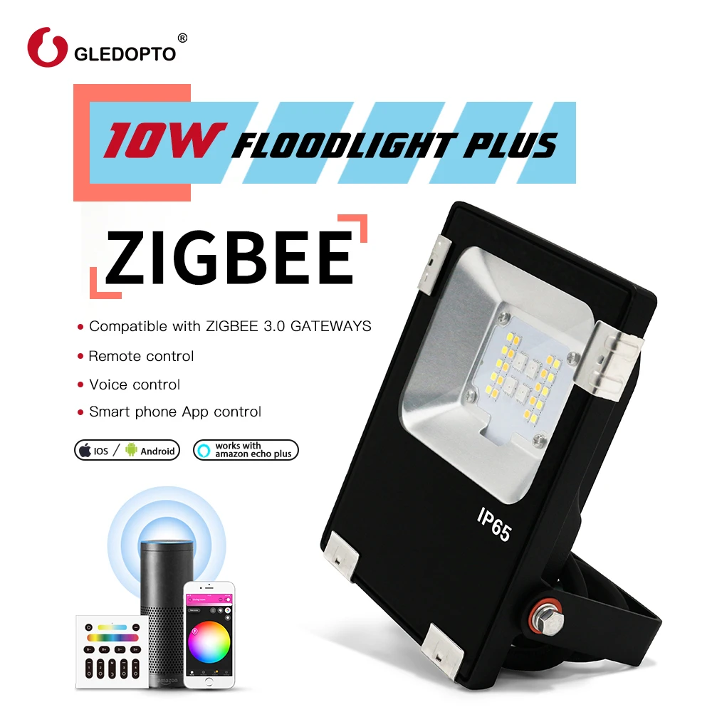 

Gledopto 10W Smart Zigbee LED Floodlight Plus 700LM RGBCCT Outdoor Light IP65 Waterproof Works with Alexa Echo Plus SmartThings