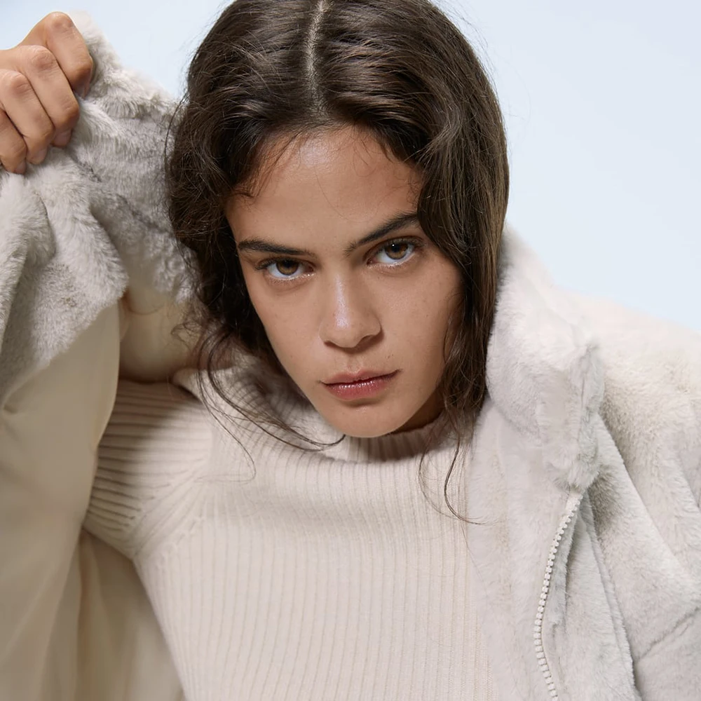 Женское пальто с воротником-стойкой ZA однотонное темно-синее на молнии длинными