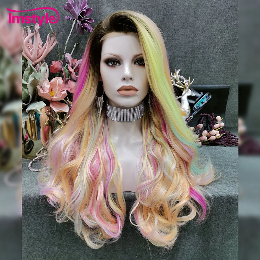 Imstyle Synthetic Lace Front Wig Pink Orange Rainbow Wigs For Women Wavy Long Colorful Wig Heat Resistant Fiber Cosplay Wigs