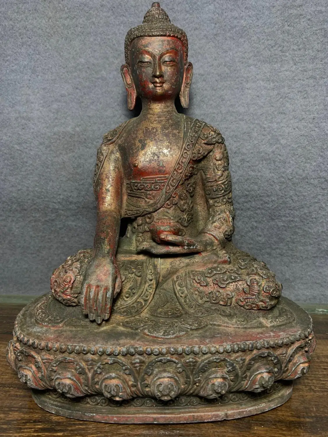 

Home Decor 10" Tibet Buddhism Temple Old Bronze Cinnabars Shakyamuni Buddha Medicine Buddha Statue Enshrine the Buddha