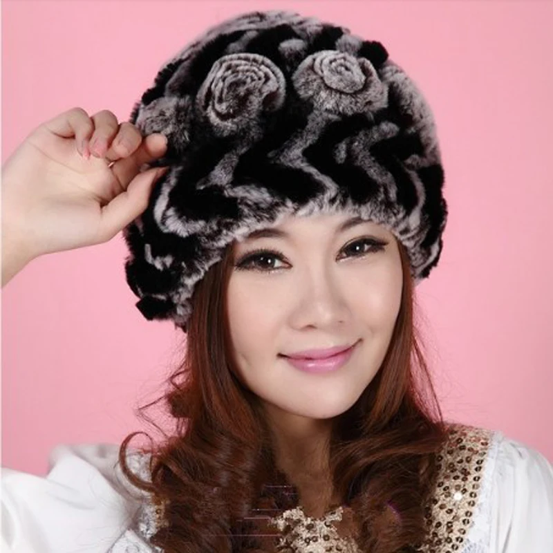 Lady Winter Warm Real Rabbit Fur Beanies Headwear Women Knitted Rex Hats Natural Stripe Caps | Аксессуары для одежды