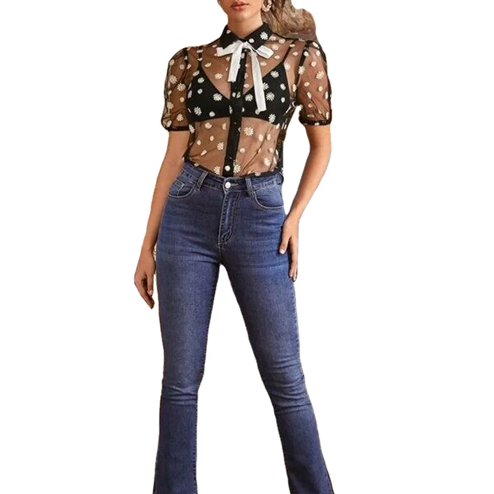 

Fashion Women's Sheer Button Down Blouse Short Sleeve Daisy Pattern Lapel See Through Mesh Chiffon Blouse