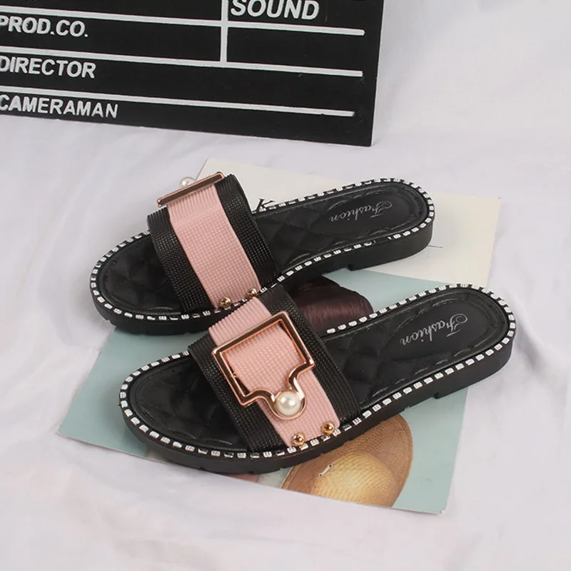 

Women's Flat Slippers Summer Fashion Pearl Clasp Flat Bottom Non-slip Wear-resisting Outdoor Leisure Solid Color Slippers